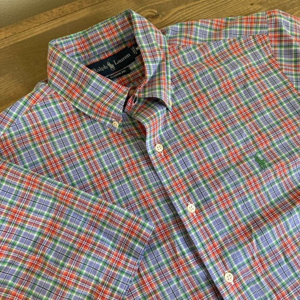 Ralph Lauren Mens Medium Plaid Classic Fit Short Sleeve Button Down Shirt Collar